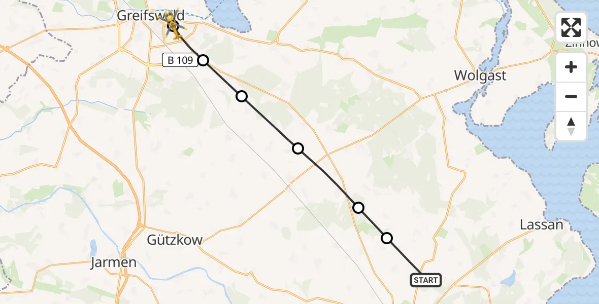 Flugroute Rettungshubschrauber Rubkow - Greifswald Hospital, 27 März 2026, 12:13