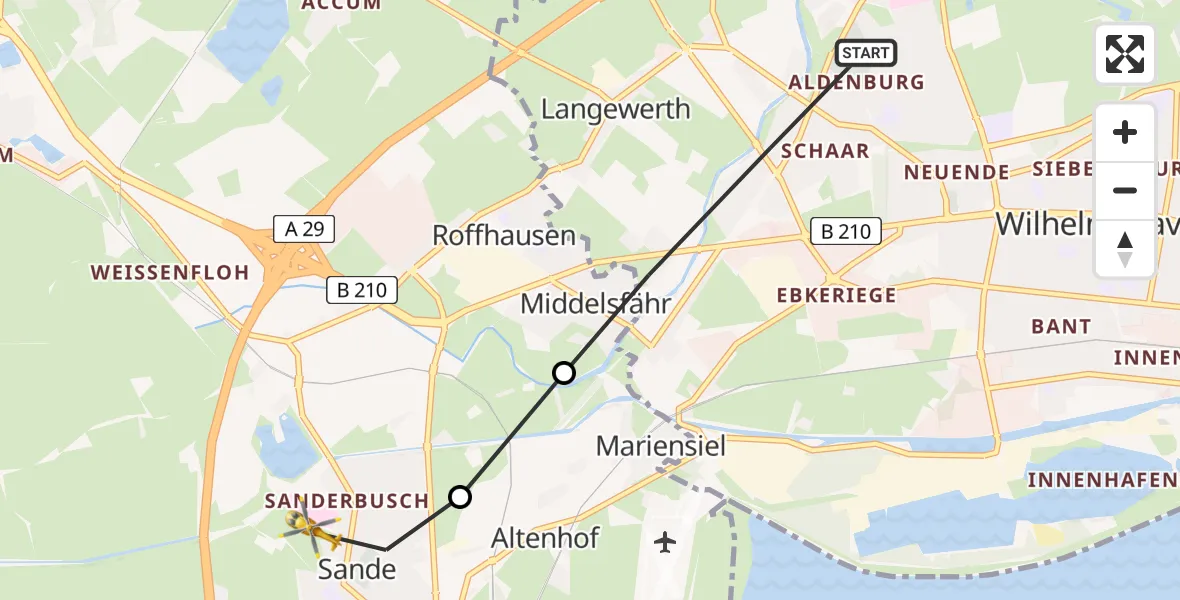 Flugroute Rettungshubschrauber Wilhelmshaven - Sande, 27 März 2026, 12:15