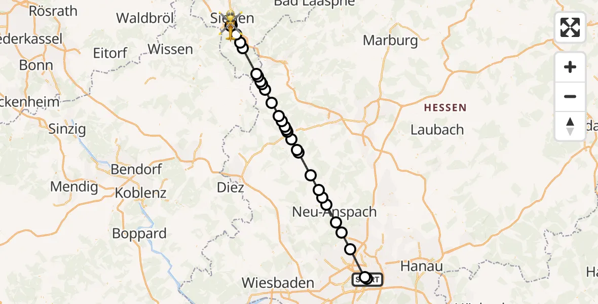 Flugroute Rettungshubschrauber Frankfurt University Hospital - Evangelisches Jung-Stilling Hospital, 27 März 2026, 12:20