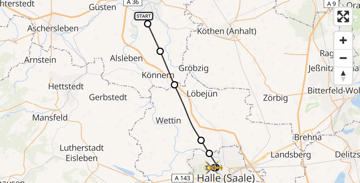 Routekaart van de vlucht: Rettungshubschrauber nach Halle (Saale) University Hospital