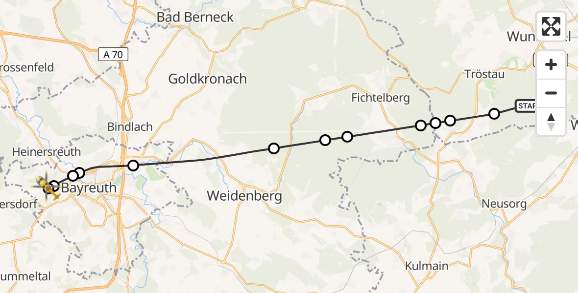 Flugroute Rettungshubschrauber Tröstauer Forst-Ost - Bayreuth Hospital, 27 März 2026, 12:24