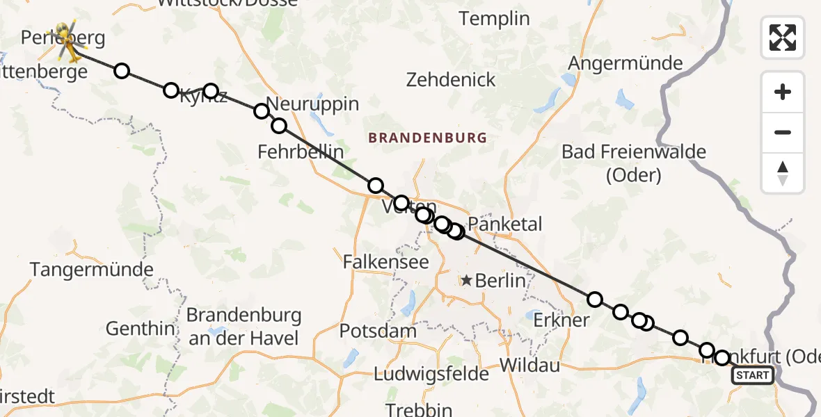Flugroute Ambulanzhubschrauber Frankfurt (Oder) - Perleberg, 27 März 2026, 12:35