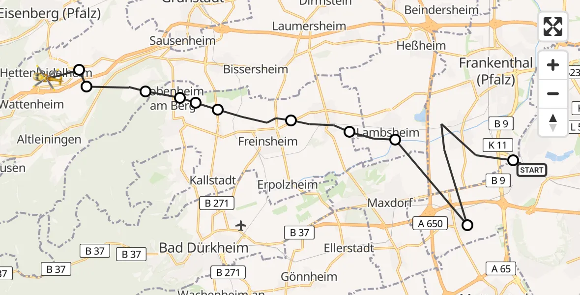 Routekaart van de vlucht: Rettungshubschrauber nach Hettenleidelheim, Oberhaide