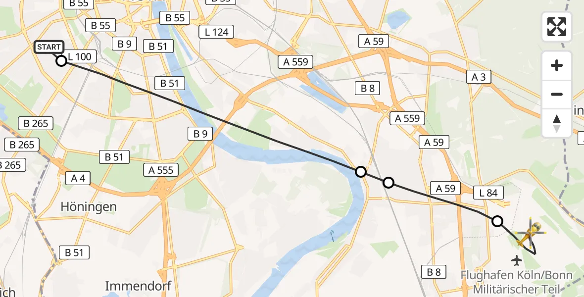 Flugroute Rettungshubschrauber Köln University Hospital - Köln Bonn Flughafen, 27 März 2026, 12:37