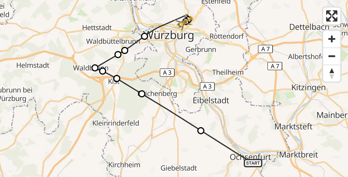 Flugroute Rettungshubschrauber Ochsenfurt - Würzburg University Hospital Rooftop, 27 März 2026, 12:43