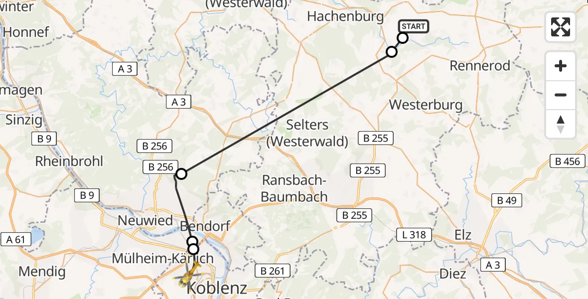 Routekaart van de vlucht: Rettungshubschrauber nach Koblenz, Rübenacher Straße