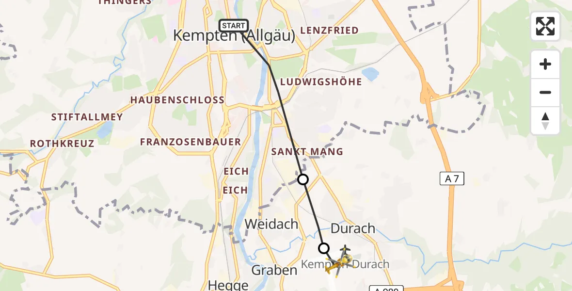 Flugroute Rettungshubschrauber Kempten (Allgäu) - Kempten-Durach Flugplatz, 27 März 2026, 13:01
