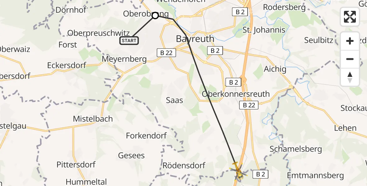 Flugroute Rettungshubschrauber Bayreuth Hospital - Bayreuth, 27 März 2026, 13:03