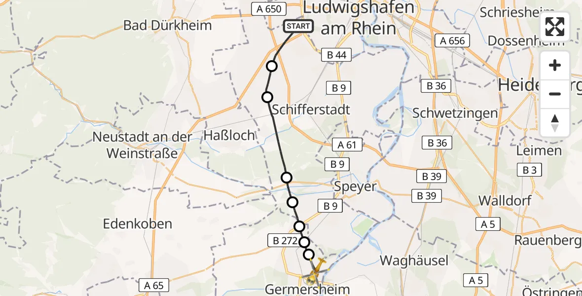 Flugroute Rettungshubschrauber Mutterstadt - Germersheim, 27 März 2026, 13:14