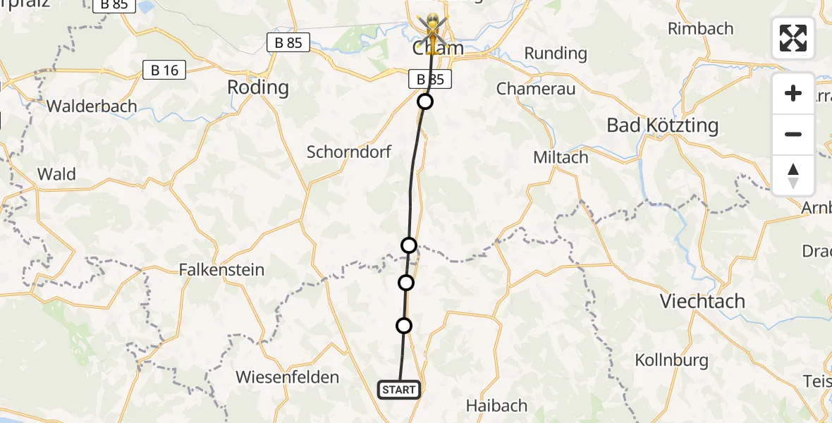 Routekaart van de vlucht: Rettungshubschrauber nach Cham Hospital Hubschrauberlandeplatz