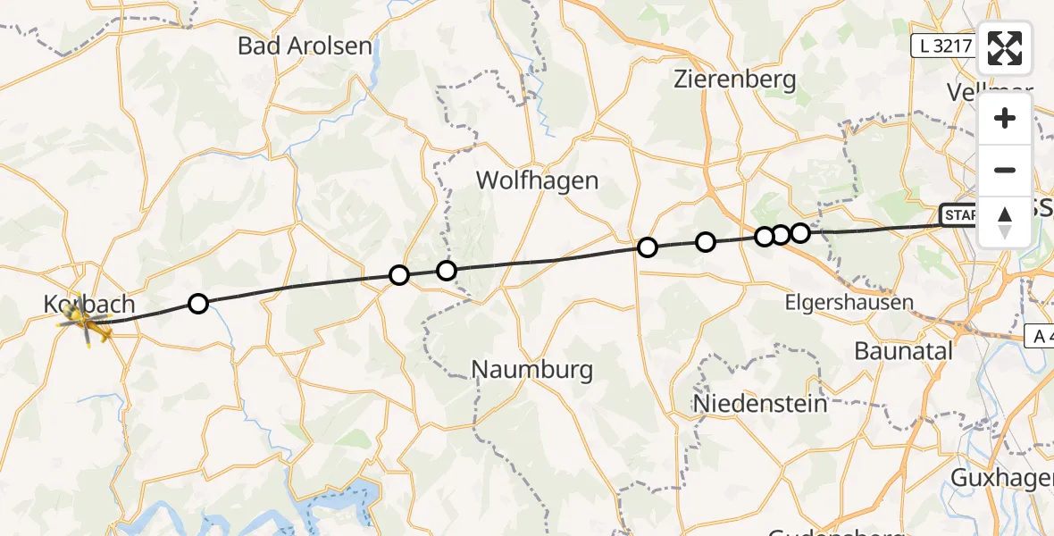 Flugroute Rettungshubschrauber Kassel - Korbach, 27 März 2026, 13:21