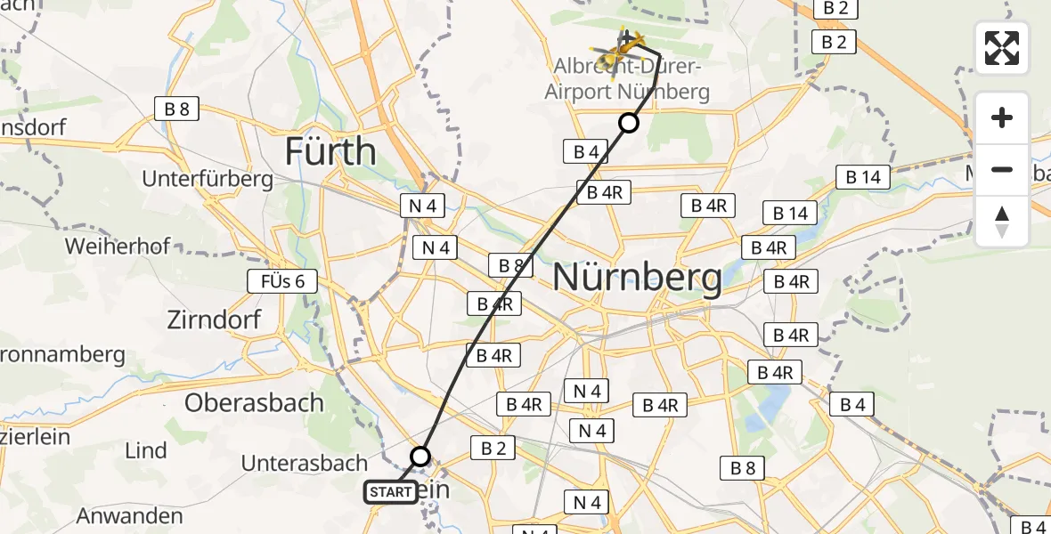 Flugroute Rettungshubschrauber Stein - Flughafen Nuremberg, 27 März 2026, 13:33
