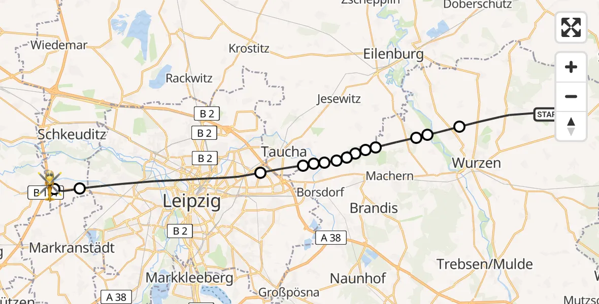 Routekaart van de vlucht: Rettungshubschrauber nach ADAC Air Rescue Station Leipzig/Schkeuditz-Dölzig Hubschrauberlandeplatz (Christoph 61)