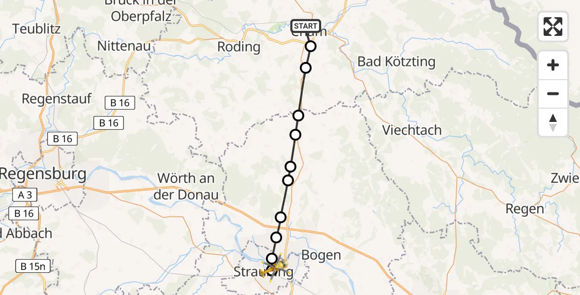 Flugroute Rettungshubschrauber Cham Hospital - Sankt Elisabeth Hospital Straubing, 27 März 2026, 13:37