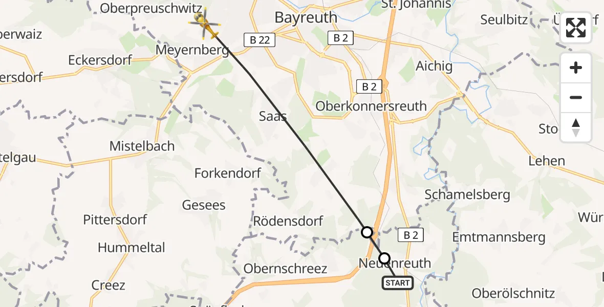 Routekaart van de vlucht: Rettungshubschrauber nach Bayreuth Hospital Hubschrauberlandeplatz