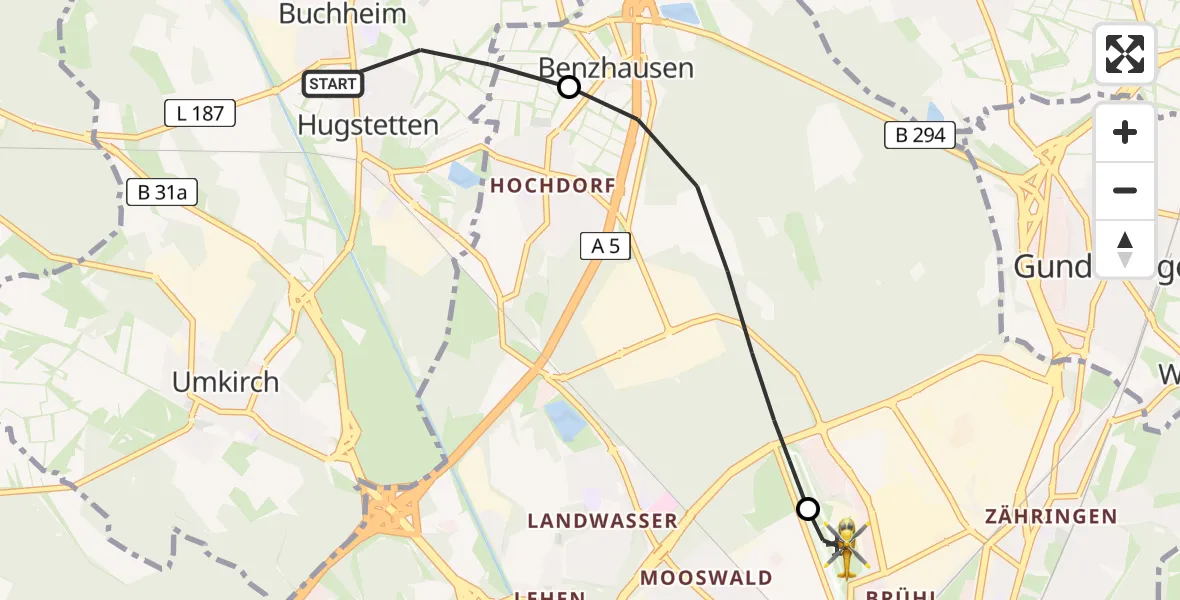 Routekaart van de vlucht: Ambulanzhubschrauber nach Freiburg im Breisgau Flugplatz