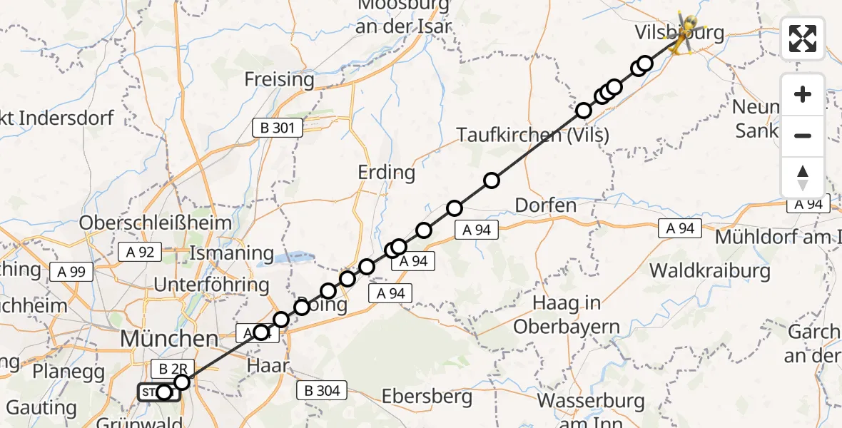 Flugroute Rettungshubschrauber ADAC Air Rescue Center Hubschrauberlandeplatz (Christoph 1) - Vilsbiburg, 27 März 2026, 13:47