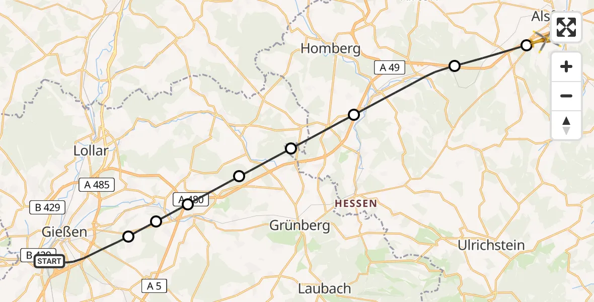 Flugroute Rettungshubschrauber Gießen - Alsfeld, 27 März 2026, 13:47