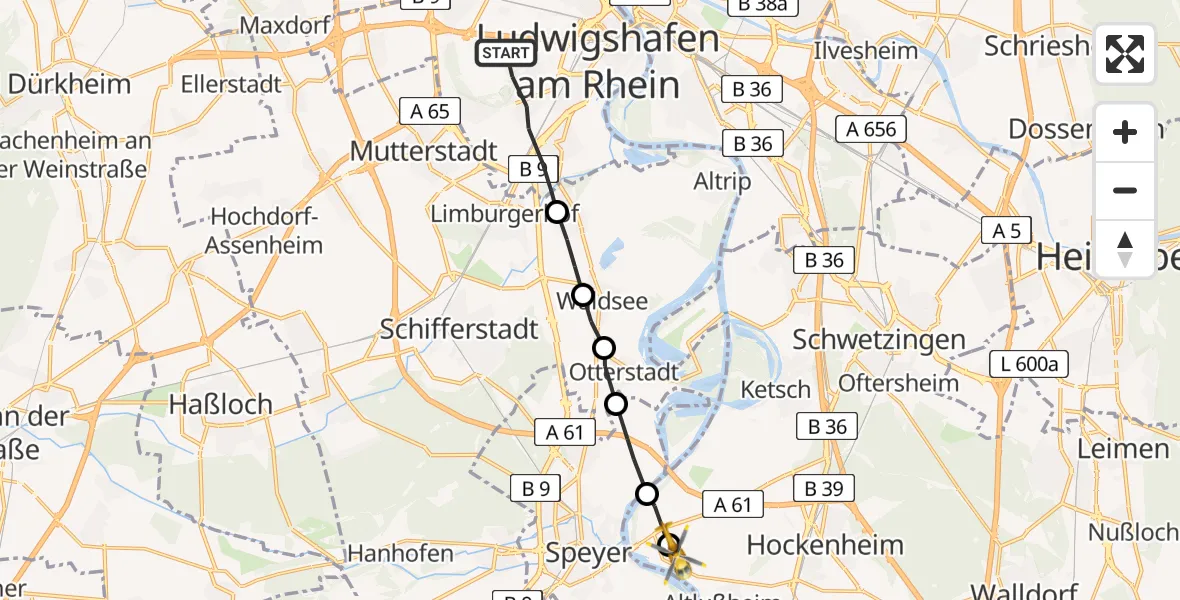 Flugroute Rettungshubschrauber Ludwigshafen am Rhein - Altlußheim, 27 März 2026, 13:52