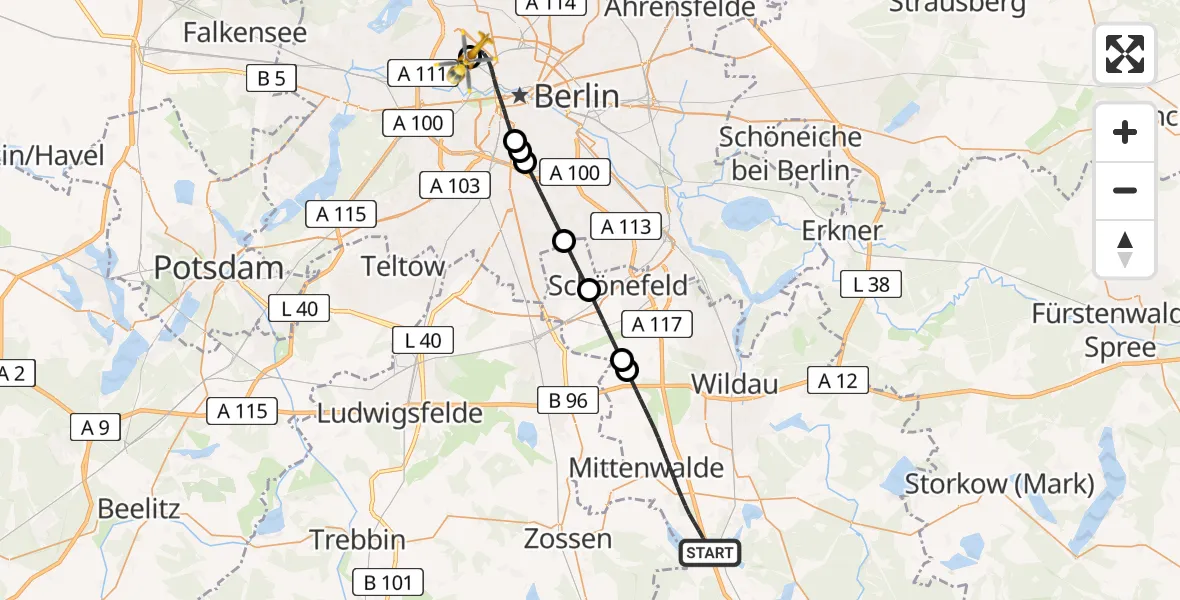 Routekaart van de vlucht: Rettungshubschrauber nach Charité Clinic Virchow Campus Hubschrauberlandeplatz