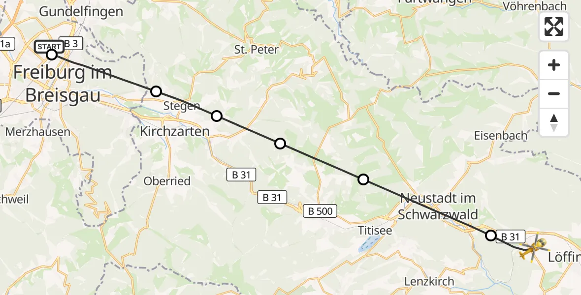 Flugroute Ambulanzhubschrauber Freiburg im Breisgau Flugplatz - Friedenweiler, 27 März 2026, 13:55