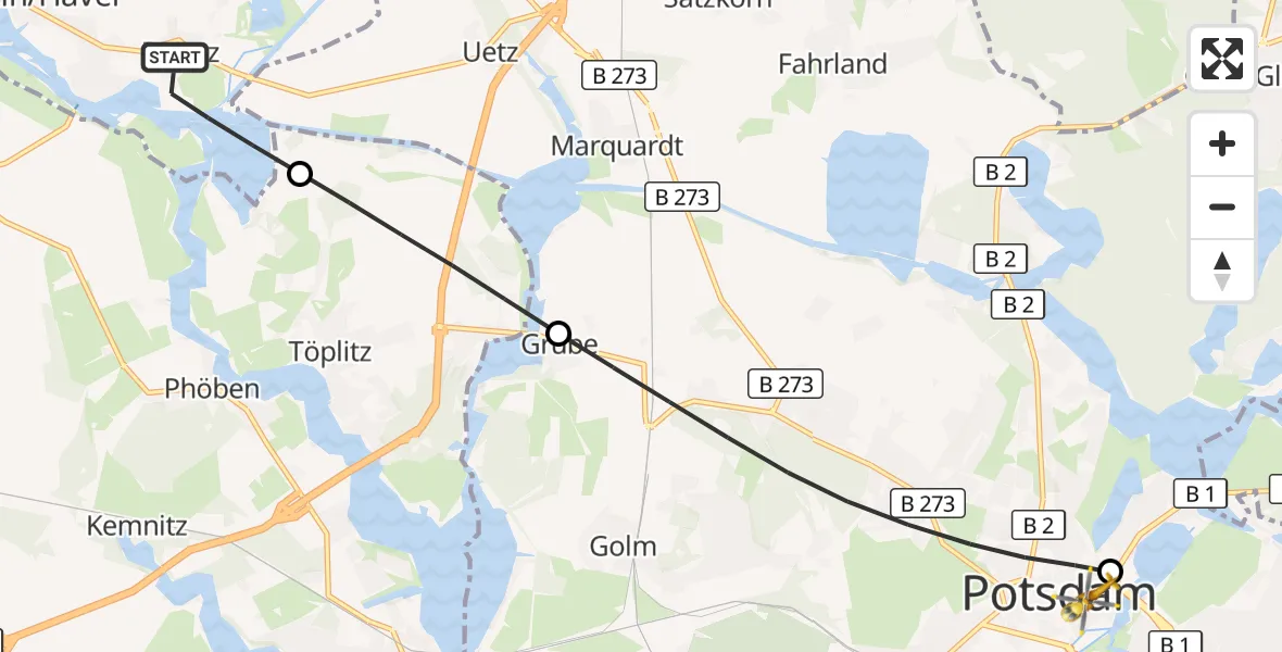 Flugroute Rettungshubschrauber Ketzin/Havel - Ernst von Bergmann Clinic Hubschrauberlandeplatz, 27 März 2026, 14:04