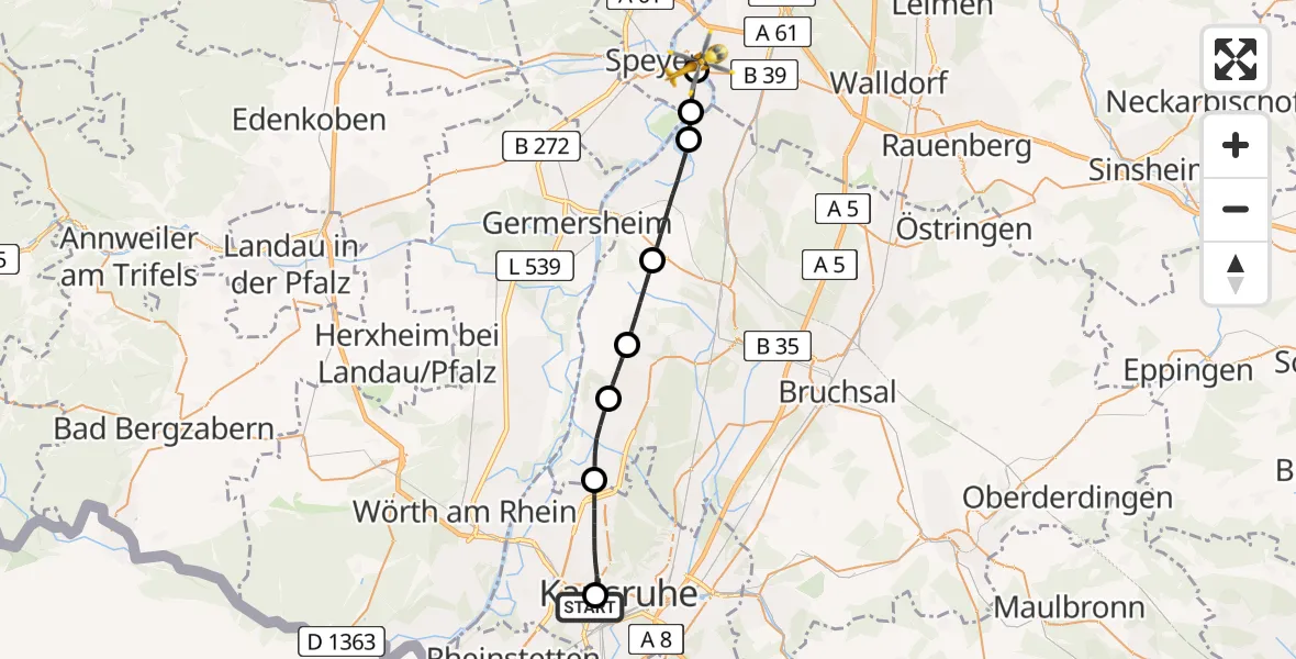 Routekaart van de vlucht: Rettungshubschrauber nach Altlußheim, B 39