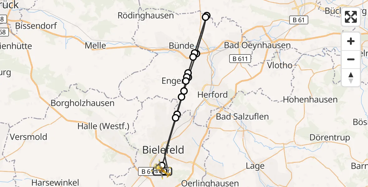 Flugroute Rettungshubschrauber Luftrettungszentrum Bielefeld - Luftrettungszentrum Bielefeld, 27 März 2026, 14:06