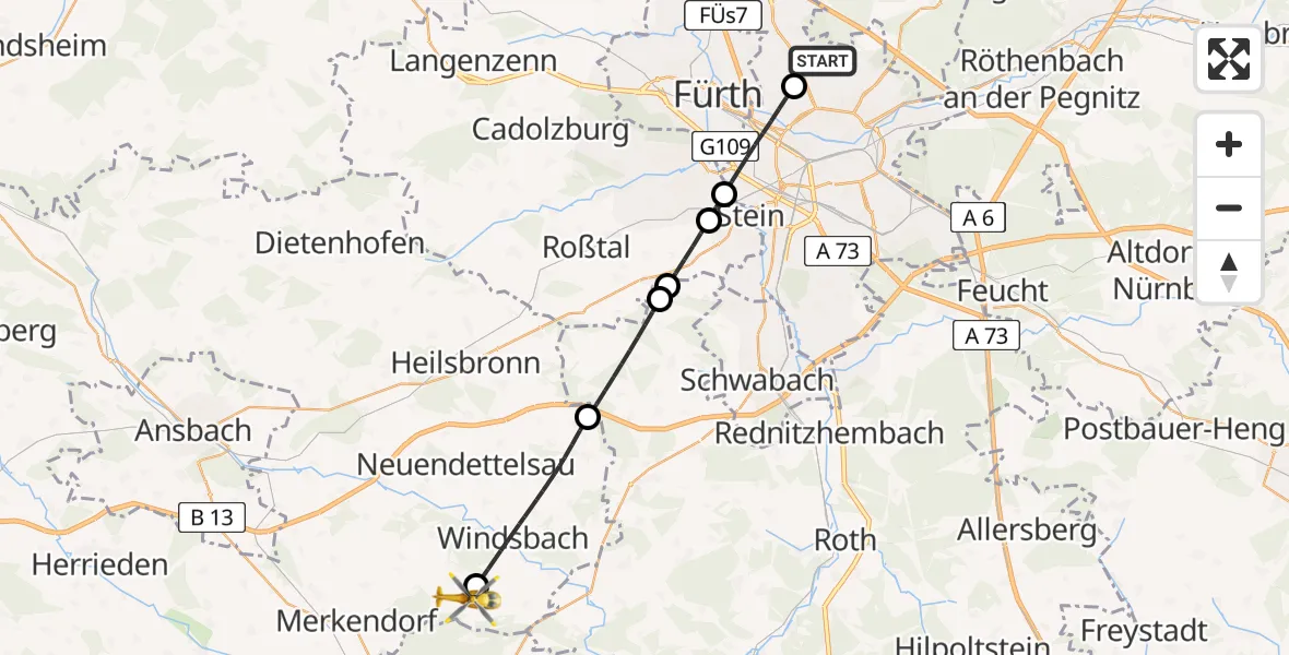 Flugroute Rettungshubschrauber Flughafen Nuremberg - Mitteleschenbach, 27 März 2026, 14:08