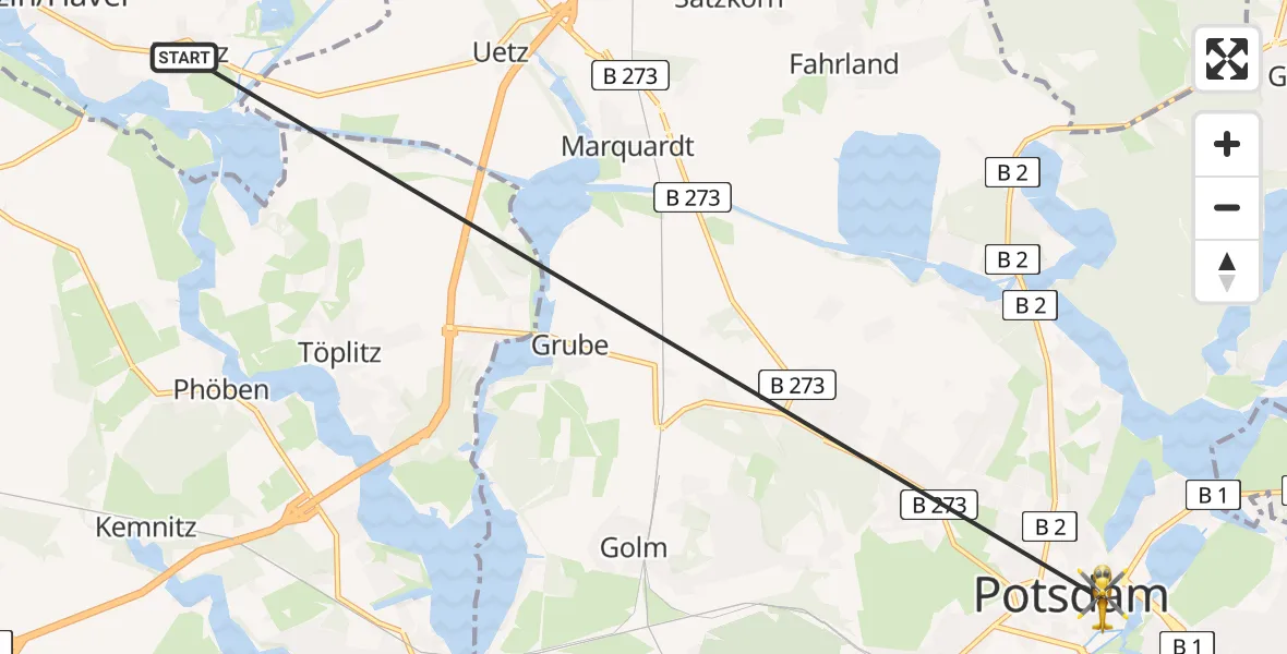 Flugroute Rettungshubschrauber Ketzin/Havel - Ernst von Bergmann Clinic Hubschrauberlandeplatz, 27 März 2026, 14:09