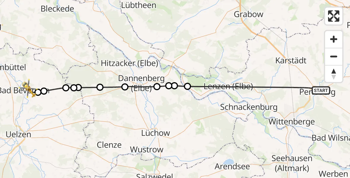 Flugroute Ambulanzhubschrauber Perleberg - Bad Bevensen, 27 März 2026, 14:17