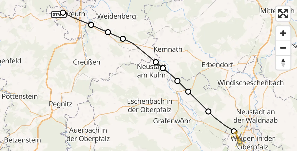 Flugroute Rettungshubschrauber Bayreuth Hospital - Weiden i.d.OPf., 27 März 2026, 14:18