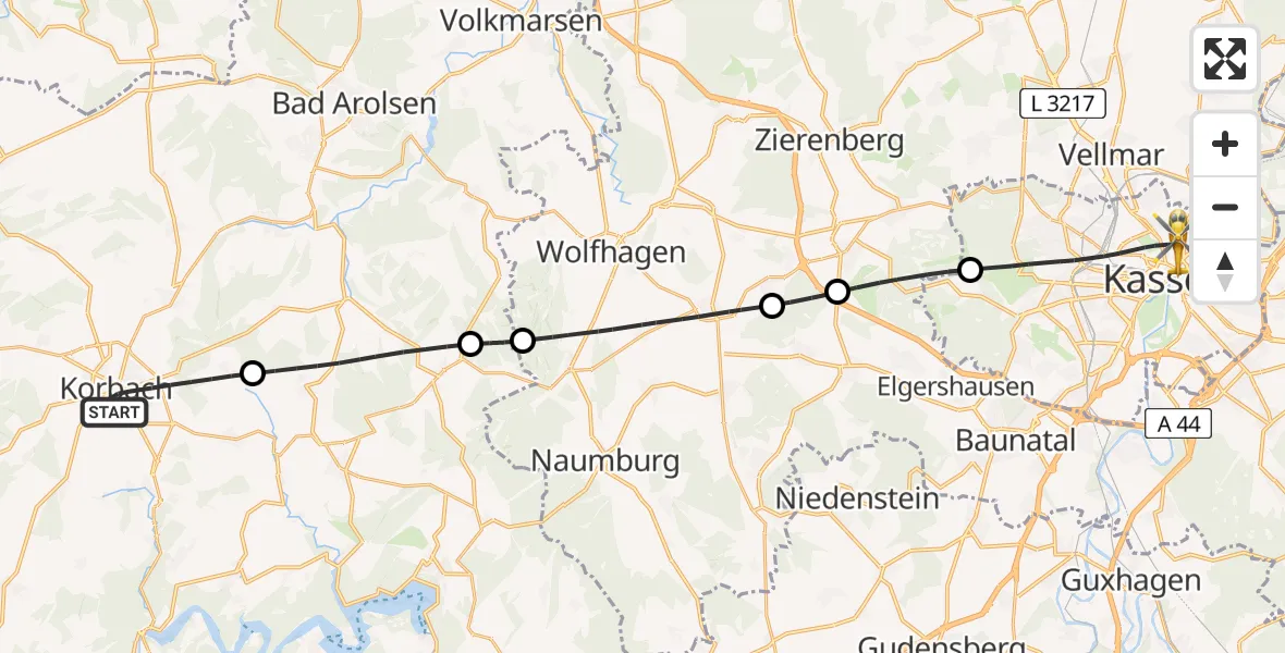 Routekaart van de vlucht: Rettungshubschrauber nach Kassel, Mönchebergstraße