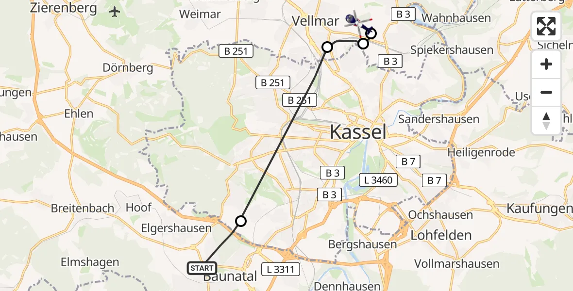 Flugroute Polizeihubschrauber Baunatal - Fuldatal Bundespolizei Hubschrauberlandeplatz, 27 März 2026, 14:27