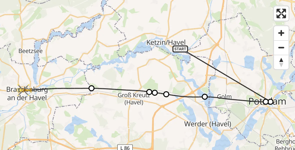 Flugroute Rettungshubschrauber Ketzin/Havel - Brandenburg an der Havel, 27 März 2026, 13:29
