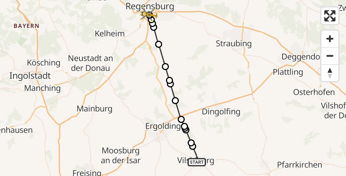 Routekaart van de vlucht: Rettungshubschrauber nach DRF Air Rescue Station Regensburg / Regensburg University Hospital