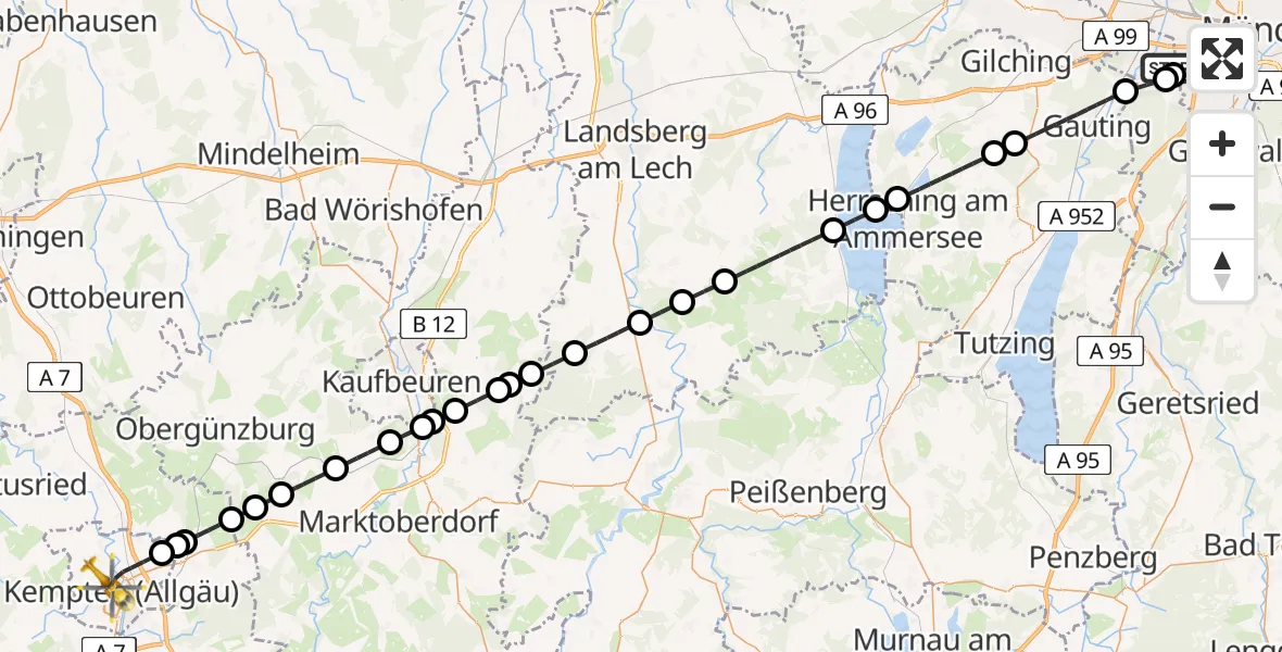 Flugroute Rettungshubschrauber DRF Air Rescue München Hubschrauberlandeplatz - Kempten (Allgäu), 27 März 2026, 14:36