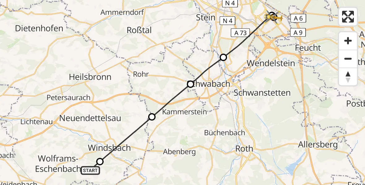 Flugroute Rettungshubschrauber Mitteleschenbach - Nürnberg South Hospital, 27 März 2026, 14:49