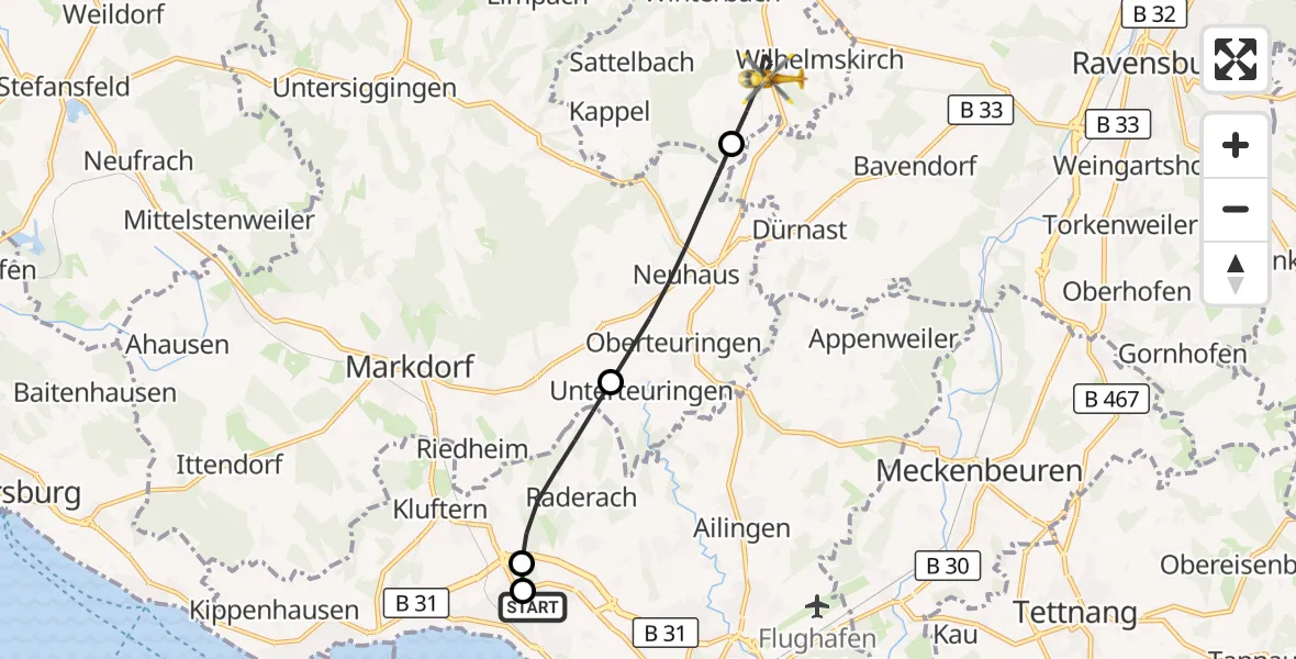 Flugroute Rettungshubschrauber Friedrichshafen Hospital - Horgenzell, 27 März 2026, 14:58