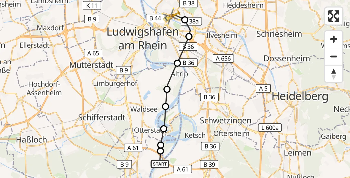 Routekaart van de vlucht: Rettungshubschrauber nach Mannheim, Theodor-Kutzer-Ufer