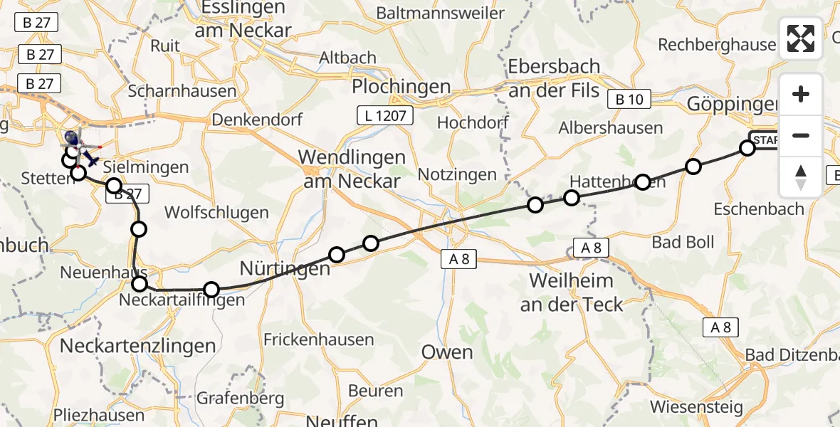 Flugroute Polizeihubschrauber Göppingen - Flughafen Stuttgart, 27 März 2026, 15:07