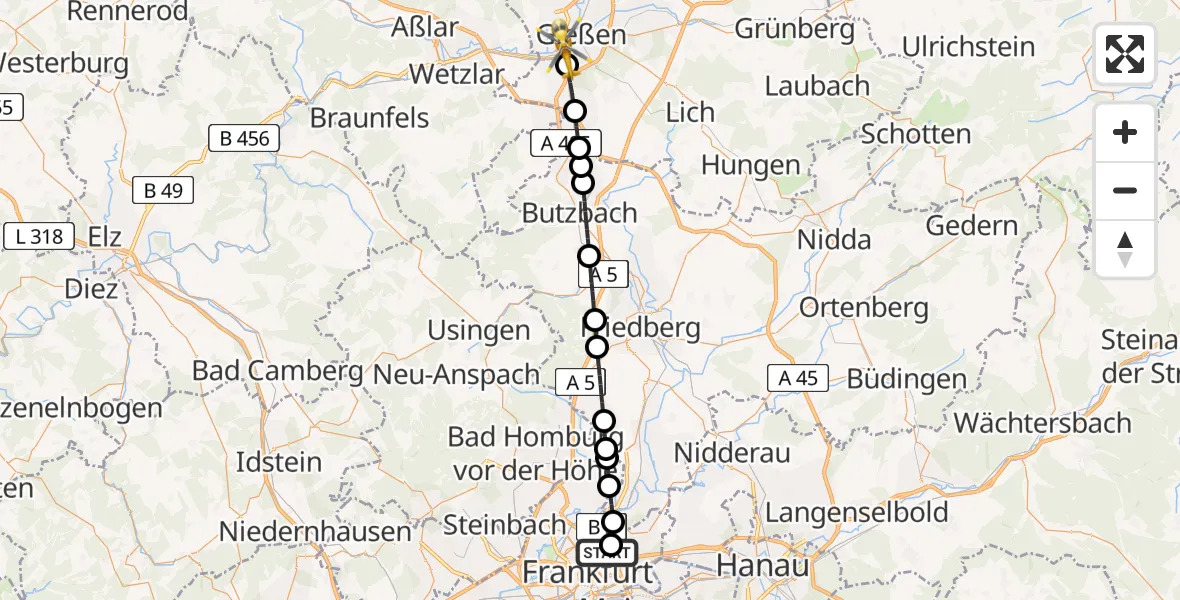 Routekaart van de vlucht: Rettungshubschrauber nach Gießen, Lahnstraße