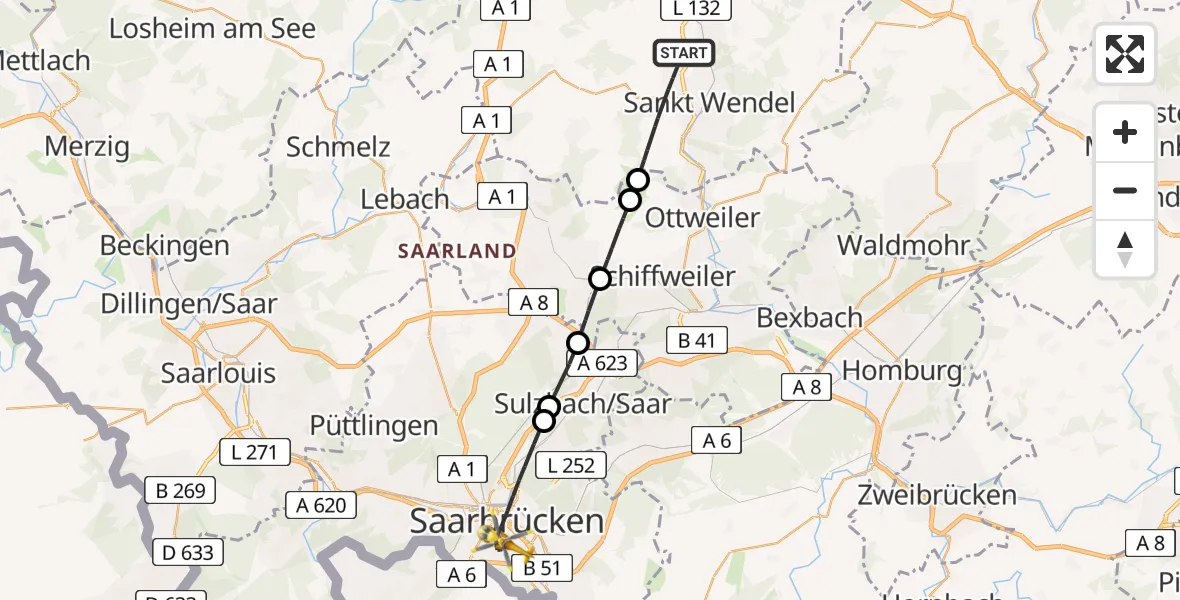 Flugroute Rettungshubschrauber St. Wendel - Saarbrücken, 27 März 2026, 15:15