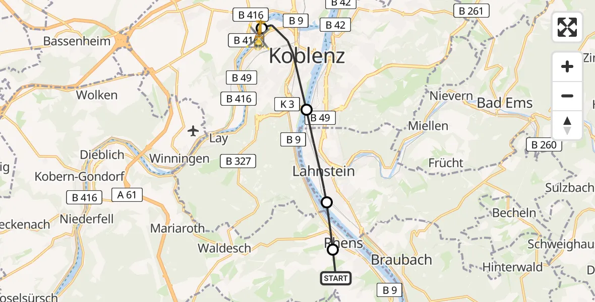 Routekaart van de vlucht: Rettungshubschrauber nach Katholisches Klinikum Marienhof Koblenz Hubschrauberlandeplatz