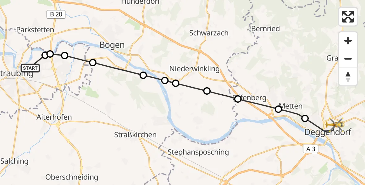 Flugroute Rettungshubschrauber Sankt Elisabeth Hospital Straubing - Deggendorf, 27 März 2026, 15:28