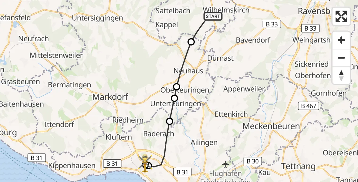 Flugroute Rettungshubschrauber Horgenzell - Friedrichshafen Hospital, 27 März 2026, 15:29