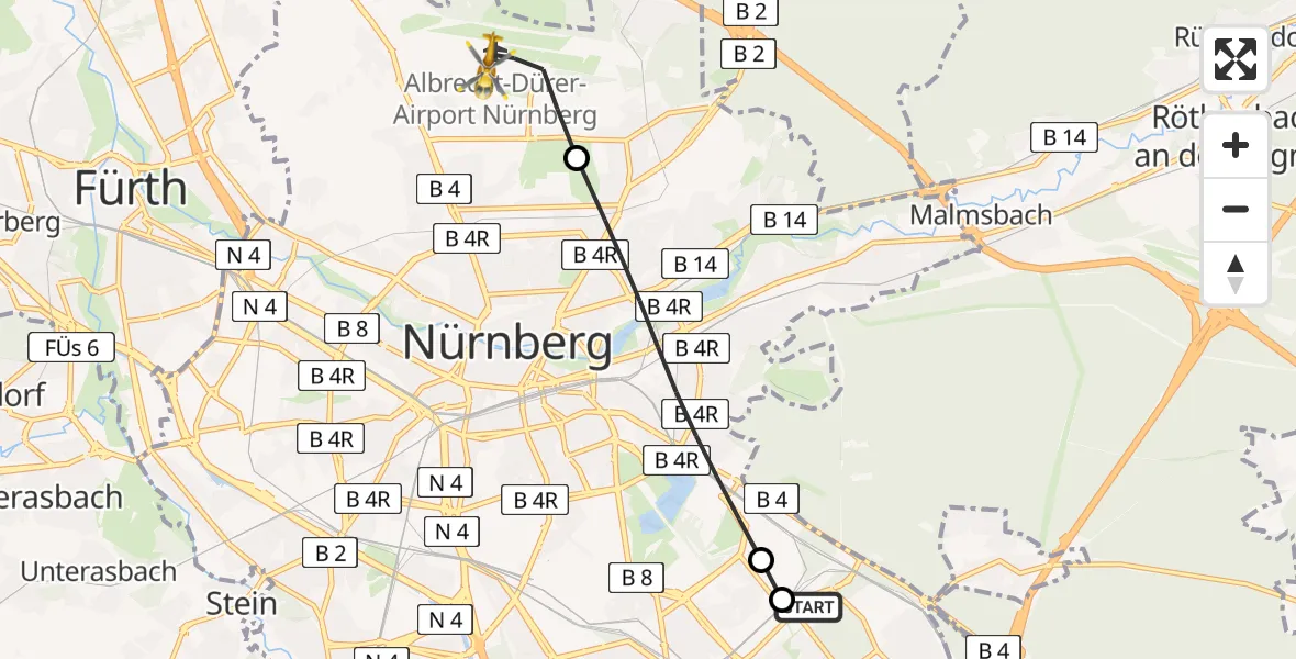 Flugroute Rettungshubschrauber Nürnberg South Hospital - Flughafen Nuremberg, 27 März 2026, 15:29