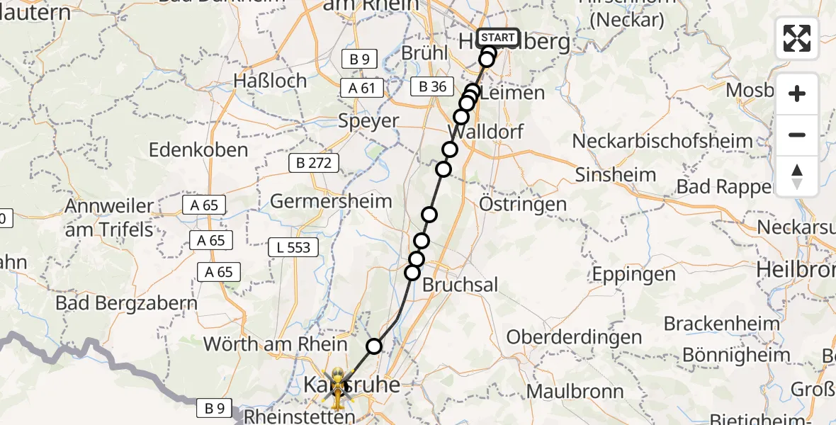 Flugroute Rettungshubschrauber Heidelberg - Sankt Vincentius Hospital, 27 März 2026, 15:34