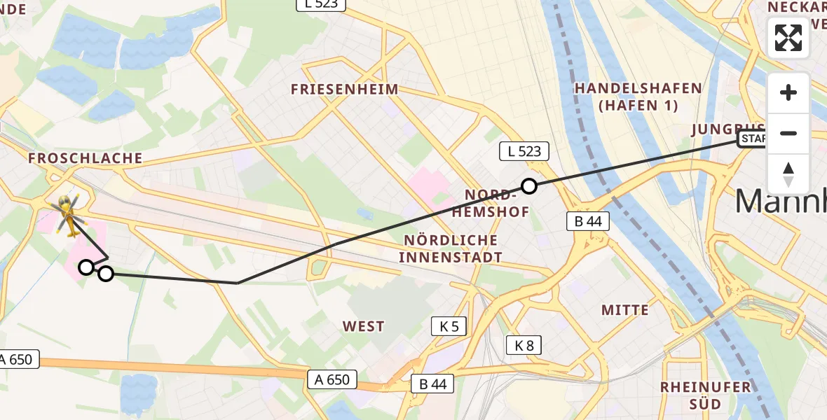 Routekaart van de vlucht: Rettungshubschrauber nach Ludwigshafen Accident Hospital Hubschrauberlandeplatz