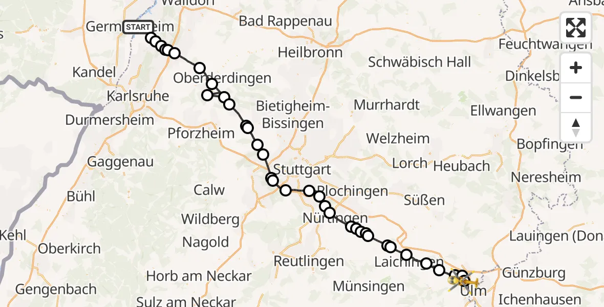 Routekaart van de vlucht: Rettungshubschrauber nach Ulm Military Hospital Emergency
